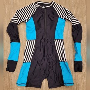 One-Piece Wetsuit-style Long Sleeve Black, White, and Blue Bathing Suit, Size S